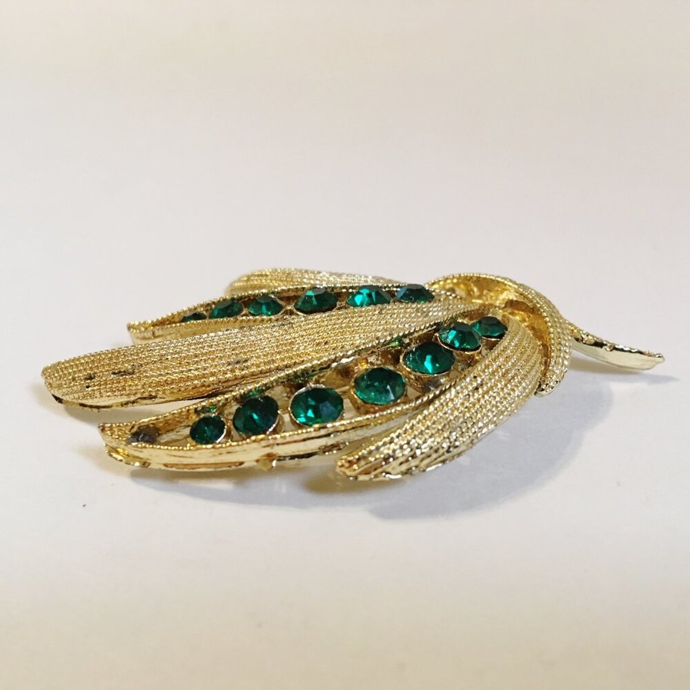 Bouquet Lapel Pin Brooch Green Crystal Rhinestones Textured Gold Tone Metal Cute - Picture 5 of 7